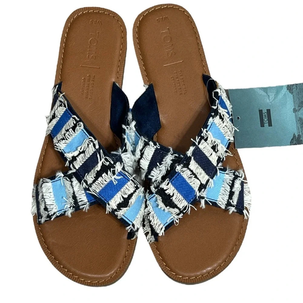 Toms blue denim slip on slides Viv flats size 8.5 - Picture 5 of 9